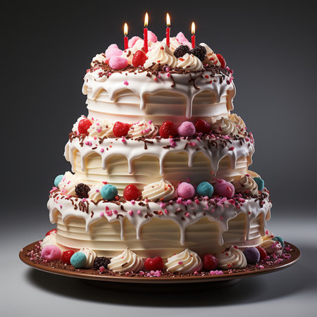 Birthday cake with candles on a dark background. 3d renderingの素材