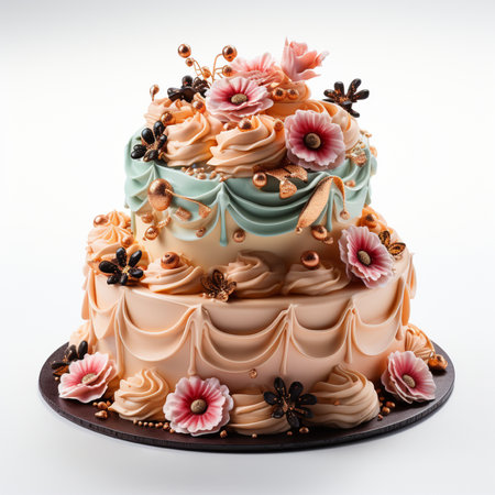 Fancy cake decorated with flowers and anise on a white backgroundの素材