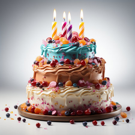 Birthday cake with burning candles and berries on a white background.の素材