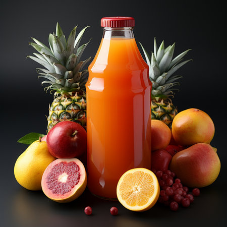 Bottle of juice with fresh fruits on black background, close upの素材