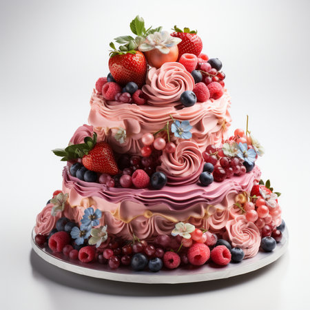Beautiful wedding cake decorated with fresh berries on a white background.の素材