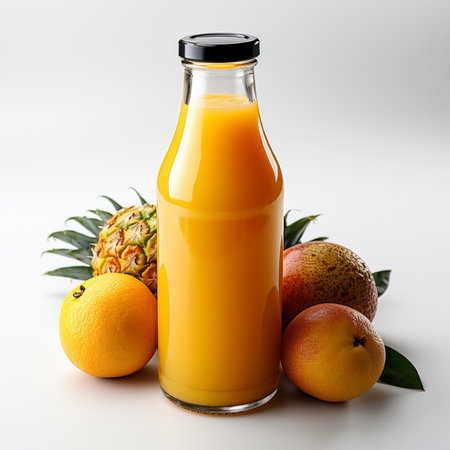 Bottle of orange juice with fresh fruits on a white background.の素材