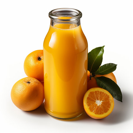 Glass bottle of orange juice with fresh fruits on a white background.の素材