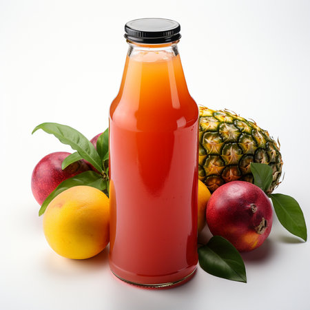 Bottle of fresh fruit juice with fresh fruits on white background.の素材