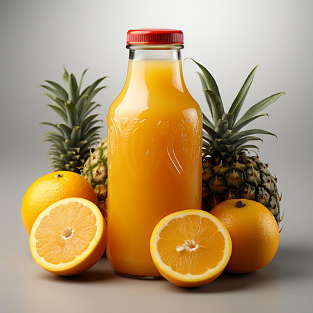 Bottle of fresh orange juice with pineapple and oranges on grey backgroundの素材