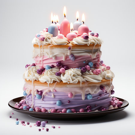 Birthday cake with burning candles on a white background, close-upの素材
