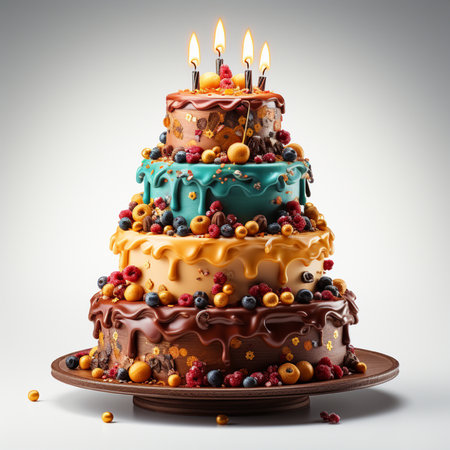 Birthday cake with burning candles on gray background. 3d illustrationの素材