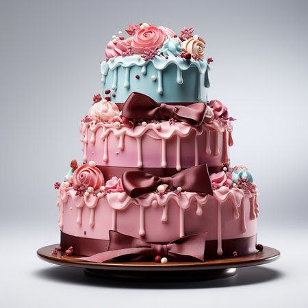Fancy birthday cake with pink and blue icing, 3d renderの素材