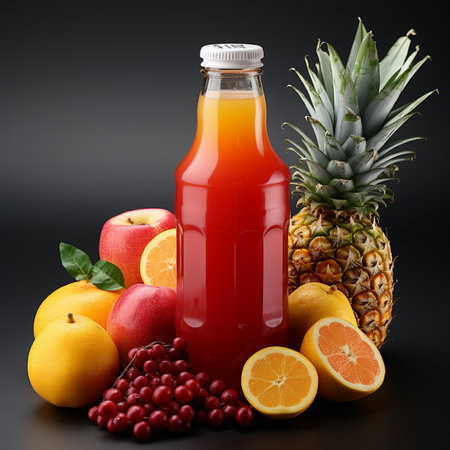 bottle of fruit juice on a black background with fresh fruits and berriesの素材