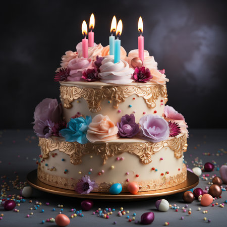 Birthday cake with burning candles, flowers and chocolate candies on dark backgroundの素材