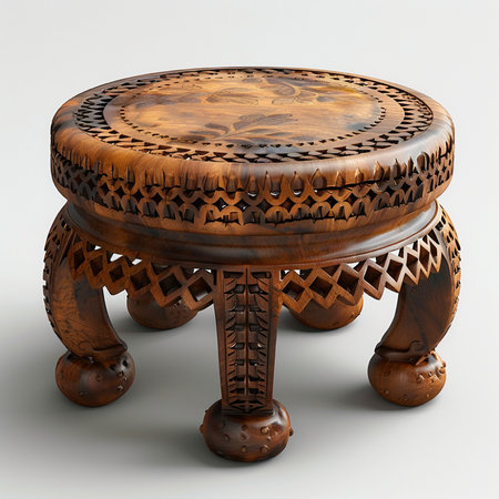 Wooden round table with carved patterns on a white background. 3d renderingの素材