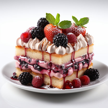 Delicious cake with berries and whipped cream on a white background.の素材