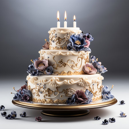 Beautiful three-tiered birthday cake with flowers and candles on a dark backgroundの素材