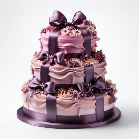 Wedding cake decorated with flowers and ribbons. 3d renderingの素材