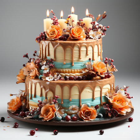 Beautiful three-tiered birthday cake with roses and berries.の素材