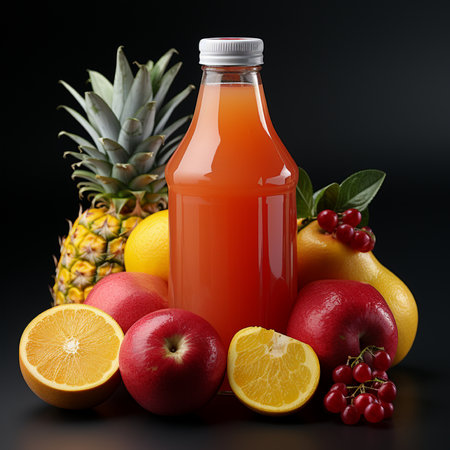 Bottle of fresh juice with fruits on black background, closeupの素材