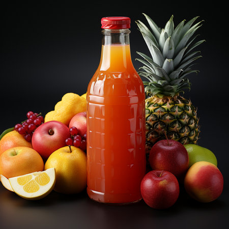 Bottle of fresh juice with fruits and vegetables on a black backgroundの素材