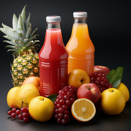 Bottles of fresh juice with fruits on black background, close upの素材