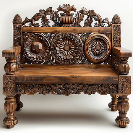 Wooden bench with carved ornaments. 3D render.の素材