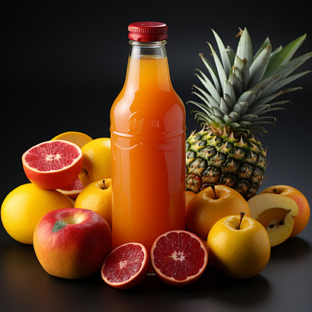 Bottle of orange juice and fresh fruits on black background, closeupの素材