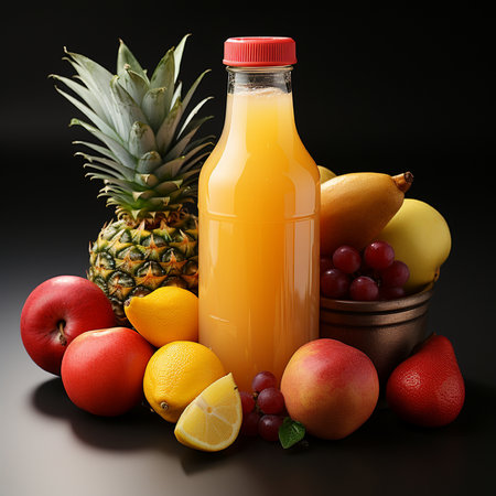 Bottle of fresh juice with fruits on black background. Healthy food concept.の素材
