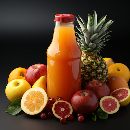 Orange juice in a bottle with fresh fruits on a black background.の素材
