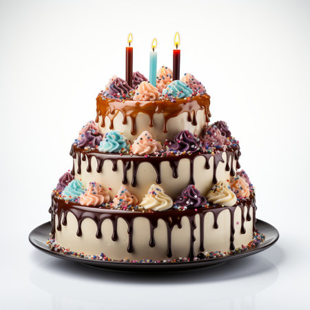 Birthday cake with candles isolated on white background, clipping path includedの素材