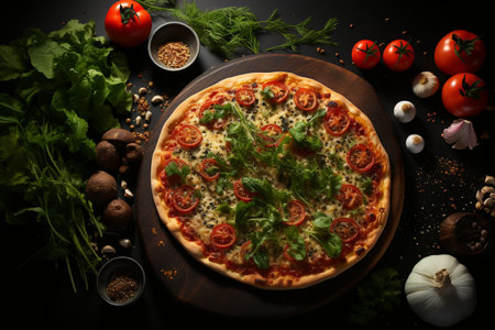 Pizza with tomatoes, cheese and herbs on a black background.の素材