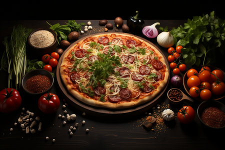 Delicious italian pizza with ingredients on wooden table, closeupの素材