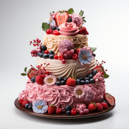 Beautiful three-tiered birthday cake decorated with berries and flowersの素材