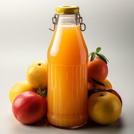 Bottle of fresh orange juice with fruits on a white background.の素材