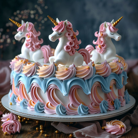 Unicorn cake with pink and blue cream on a dark backgroundの素材