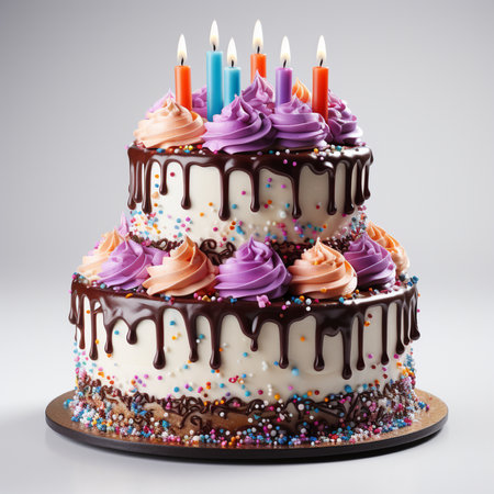 Birthday cake with candles on a gray background. 3d renderingの素材