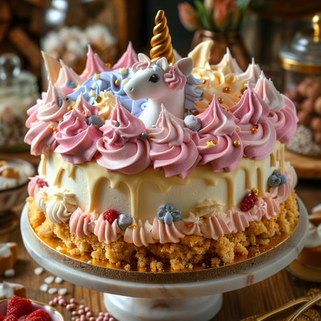 Unicorn cake with whipped cream and meringue, selective focusの素材