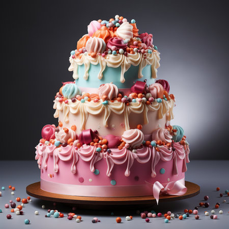 Colorful birthday cake with cream and marmalade on dark backgroundの素材