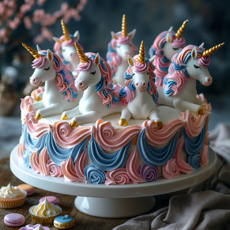 Unicorn cake decorated with pink and blue cream, selective focusの素材