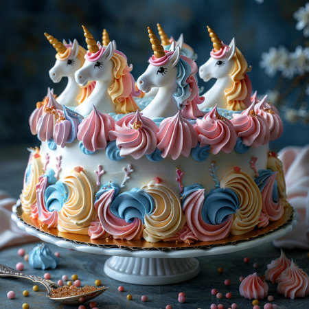 Unicorn cake with cream and meringue, selective focusの素材