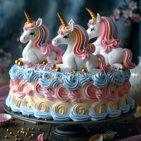Unicorn cake with pink and blue cream, selective focus.の素材