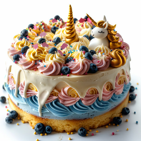 Birthday cake with unicorn and blueberries on a white background.の素材