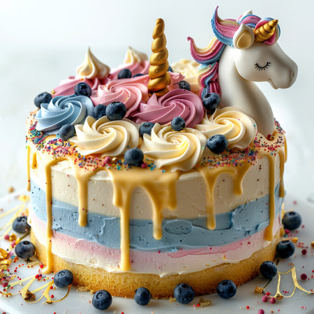 birthday cake with unicorn and blueberries, square, closeupの素材