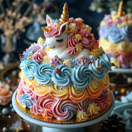 Unicorn cake decorated with multicolored buttercream icing.の素材