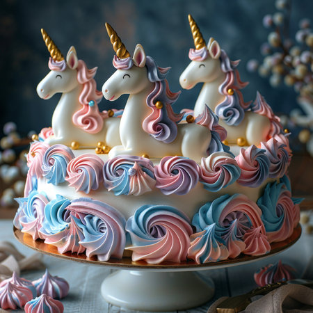 Unicorn cake with pink and blue whipped creamrated with white unicorns.の素材