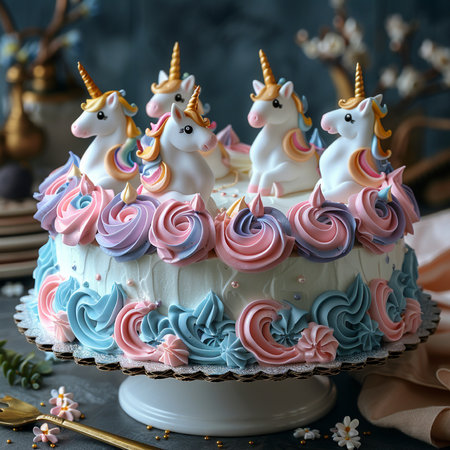 Unicorn cake with pink and blue buttercream frostingrated with unicorn figures.の素材