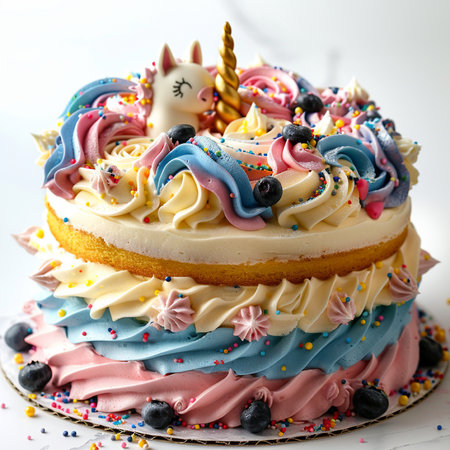 Birthday cake with unicorn and blueberries. Shallow dof.の素材