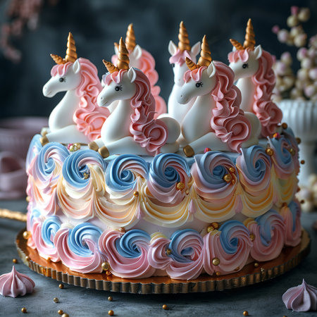 Unicorn cake with pink, white and blue frosting.の素材