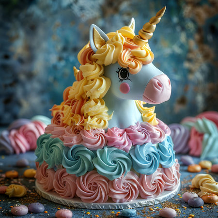 Unicorn cake decorated with colorful buttercream and sprinkles, selective focusの素材