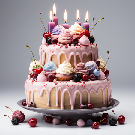 Birthday cake with berries and candles on a grey background. Toned.の素材