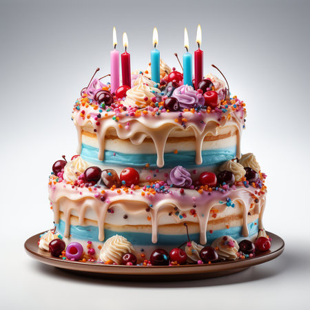 Birthday cake with cherries and candles on a gray background.の素材