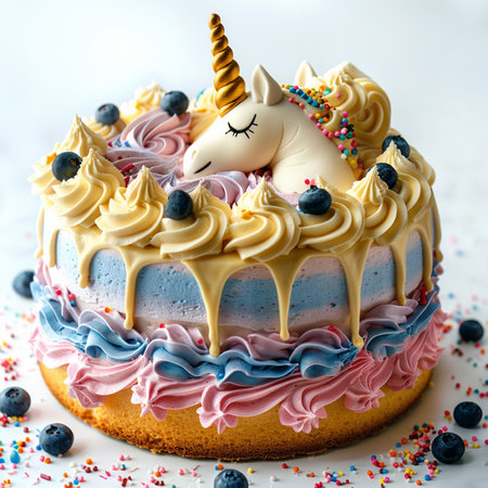Unicorn cake with blueberries and white icing. Shallow dof.の素材