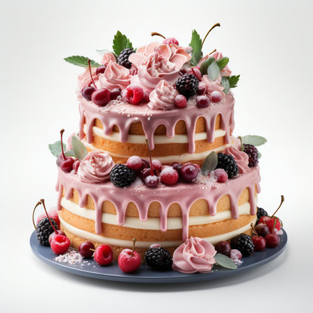 Fruit cake with berries on a white background. 3d renderの素材